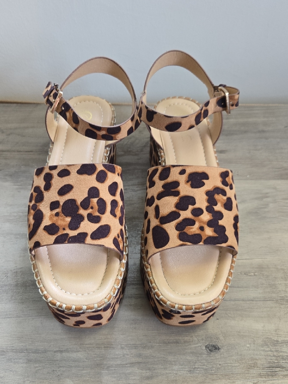 Leopard Print Platform Sandals with Ankle Strap - Brown/Black